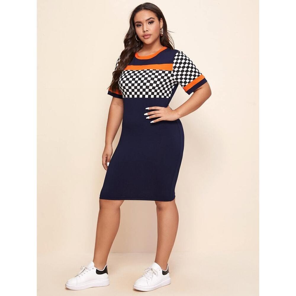 SHEIN Essnce Women's Blue Orange Colorblock Checked Panel Bodycon Dress Size 3XL